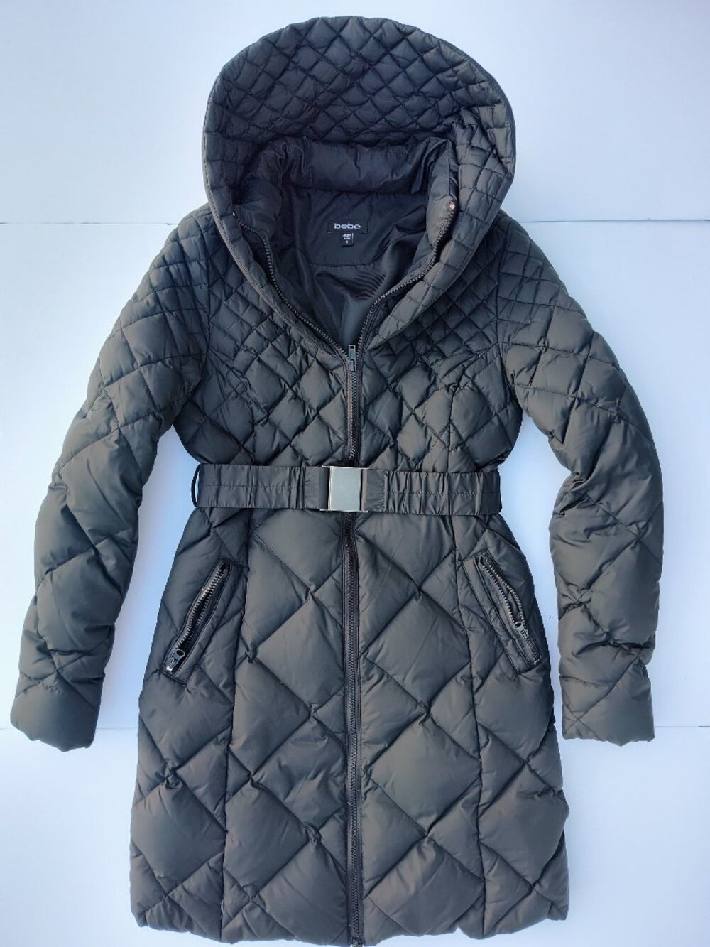 Bebe Black Belted Quilted Puffer Coat Jacket Women's Size S High Collar Like New